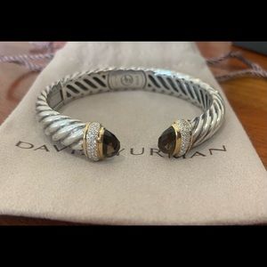 David Yurman Silver & 18K Gold Waverly Smoky Quartz & Diamond Cuff Bracelet 10mm